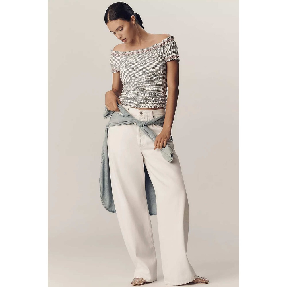 Maeve Anthropologie Smocked Off Shoulder Top Medium Cotton Stretch NWT Romantic